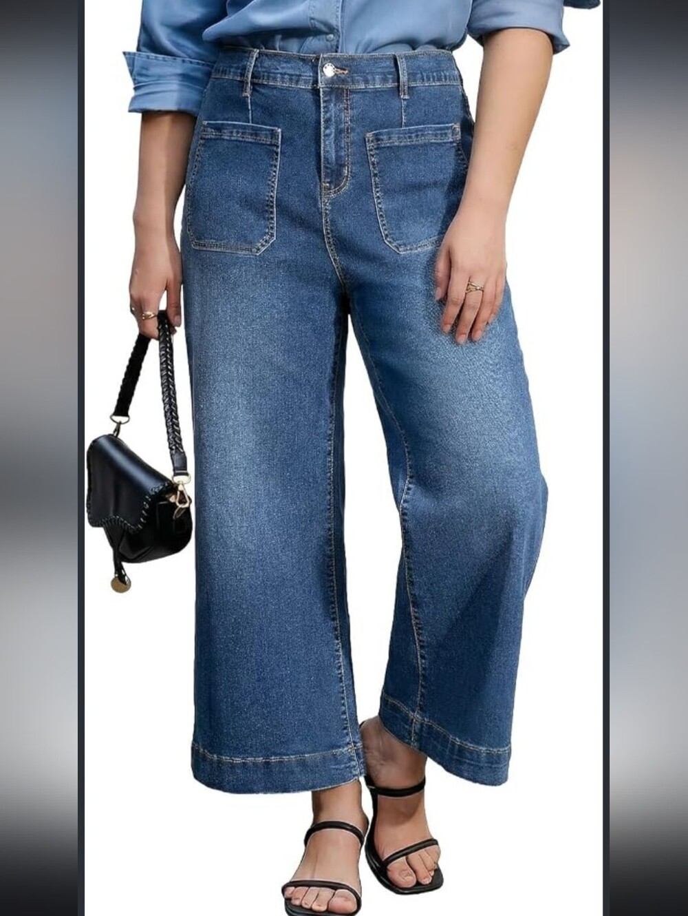 bagatelle Wide-Leg Patch Pocket Jeans in Blue Denim
